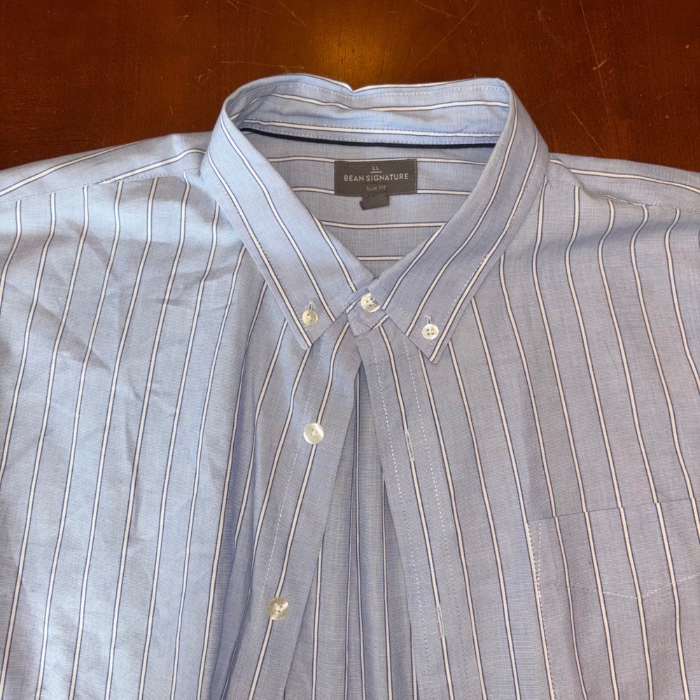 LL Bean Signature | Slim Fit Mens Button Down |‎ Light Blue Stripe | Size L